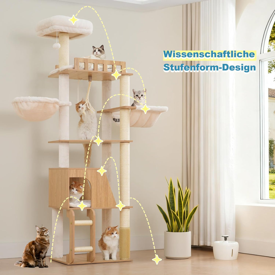 Hey-brother Holz Kratzbaum, 184cm Katzenbaum für Grosskatze, mehrstöckiger Stabil Katzenkratzbaum Mi