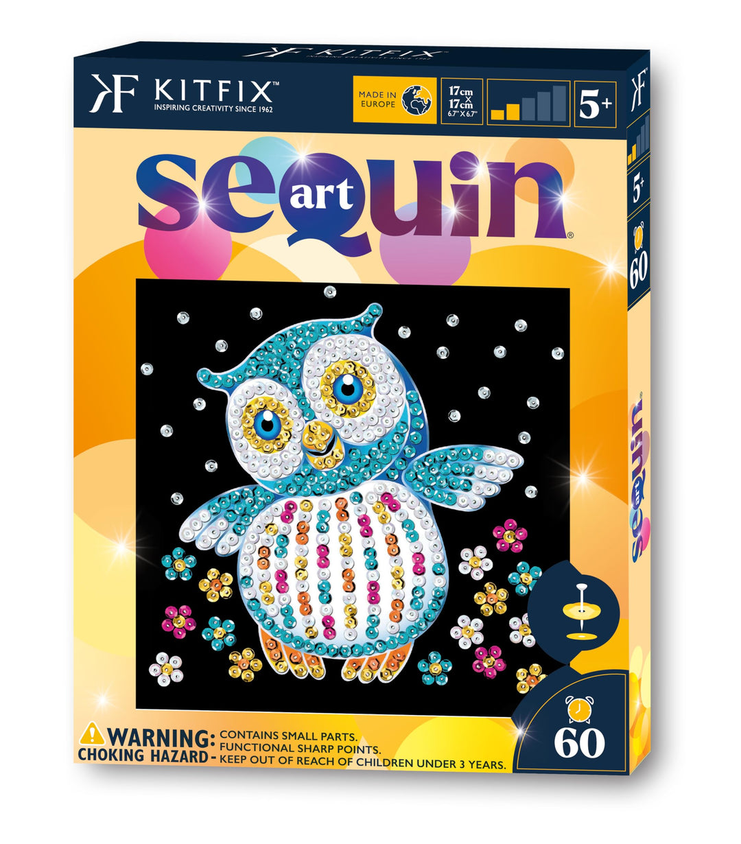 Kitfix - Sequin Art® 60 - Eule - Paillettenbild für Kinder- 20 x 20cm - 60min Bastelprojekt - Bastel