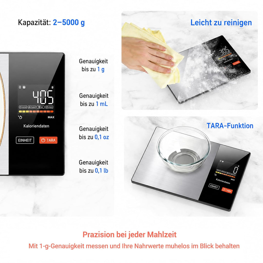 Smart Küchenwaage Bluetooth Ernährung Lebensmittelwaage mit kostenloser App Verfolgt 20 Nährstoffe&amp;K