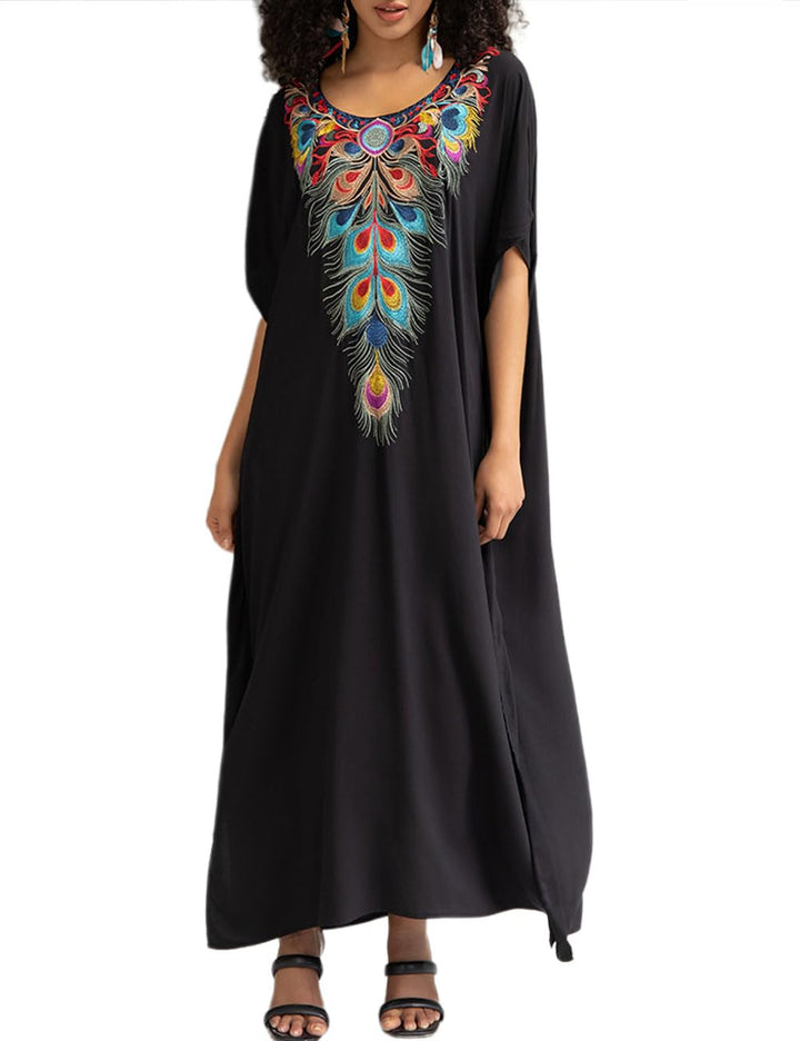 Bsubseach Damen Stickerei Kurzarm Bikini Strandkleid Side Split Beach Kaftan Kleid Ff-schwarz, Ff-sc