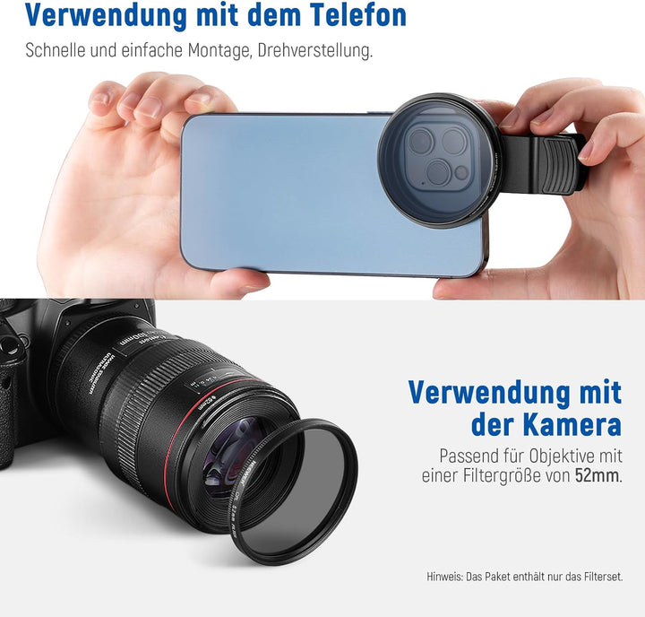 NEEWER 52mm ND+CPL+Effekt Filter Set mit Handy Phone Objektiv Klammer, Polfilter ND32, 6 Punkt Stern