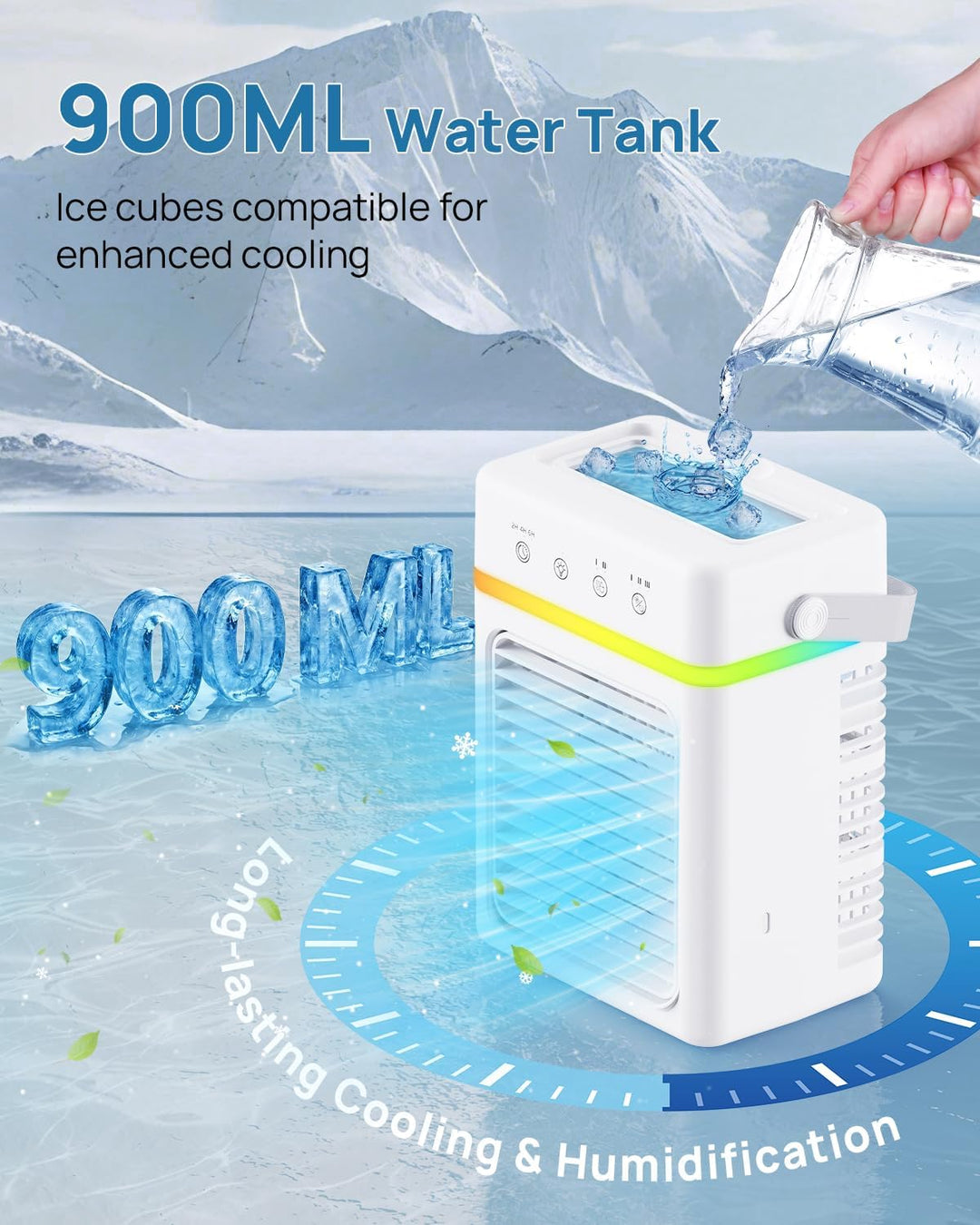 Klimaanlage Mobil mit 900ML Wasserkühlung, Mobiles Klimagerät Mini Luftkühler USB betrieben, 3 Gesch