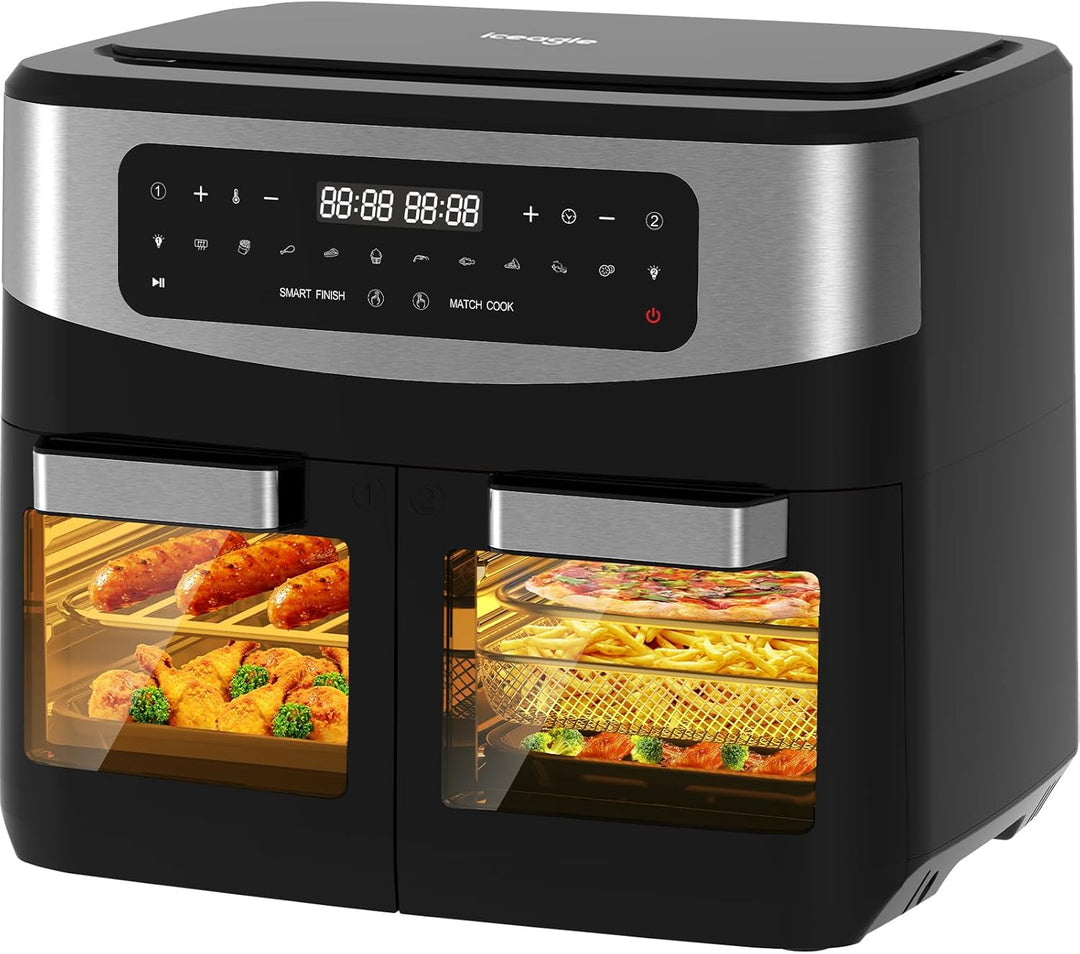Iceagle Heissluftfritteuse 2 kammern Airfryer 12L - 2600W Heissluftfriteuse XXL mit Sichtfenster | F