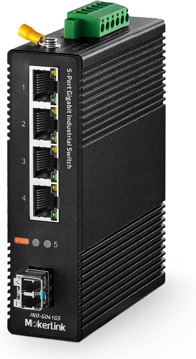 MokerLink 5 Port Gigabit Industrie DIN Schienen Netzwerk Switch, 4 Gigabit Ethernet, 1 Gigabit SFP S