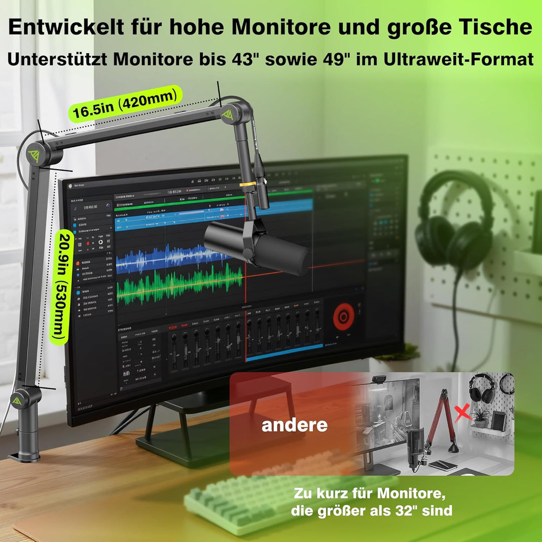 Mikrofon Arm, Max. 3 KG Traglast Mikrofonarm Kompatibel mit Shure SM7B, MV7+ & Co. Gear-Lock Design