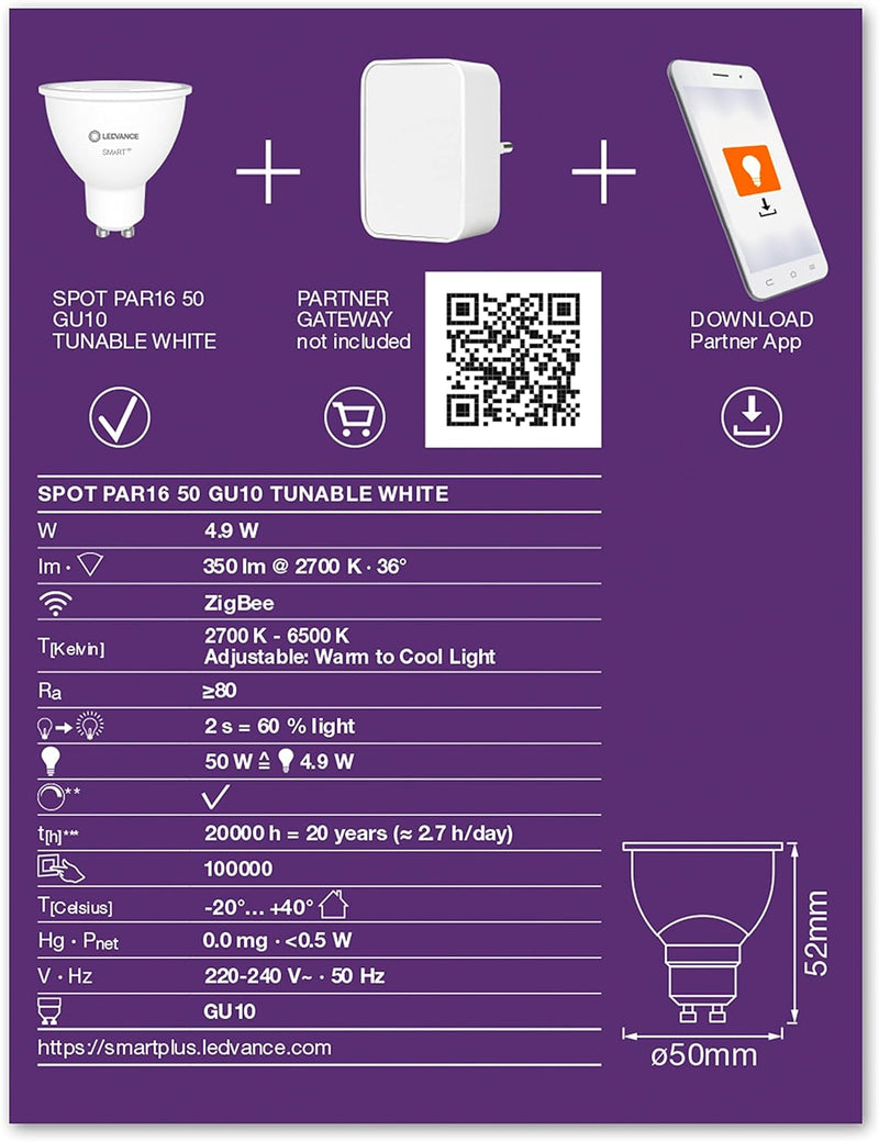 LEDVANCE SMART+ SPOT GU10 TW, LED retrofit Reflektorlampe mit smart home Technologie Zigbee, Farbtem