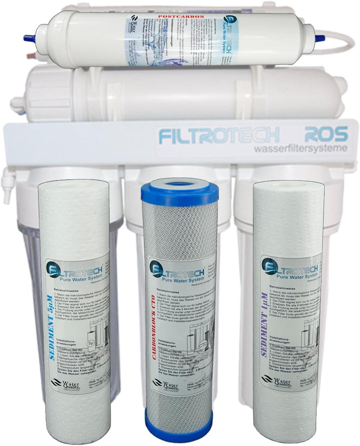FILTROTECH Umkehrosmose Filter-Set 10 Zoll, 4-teilig | Mit In-Line Aktivkohle-Nachfilter und Tritan-