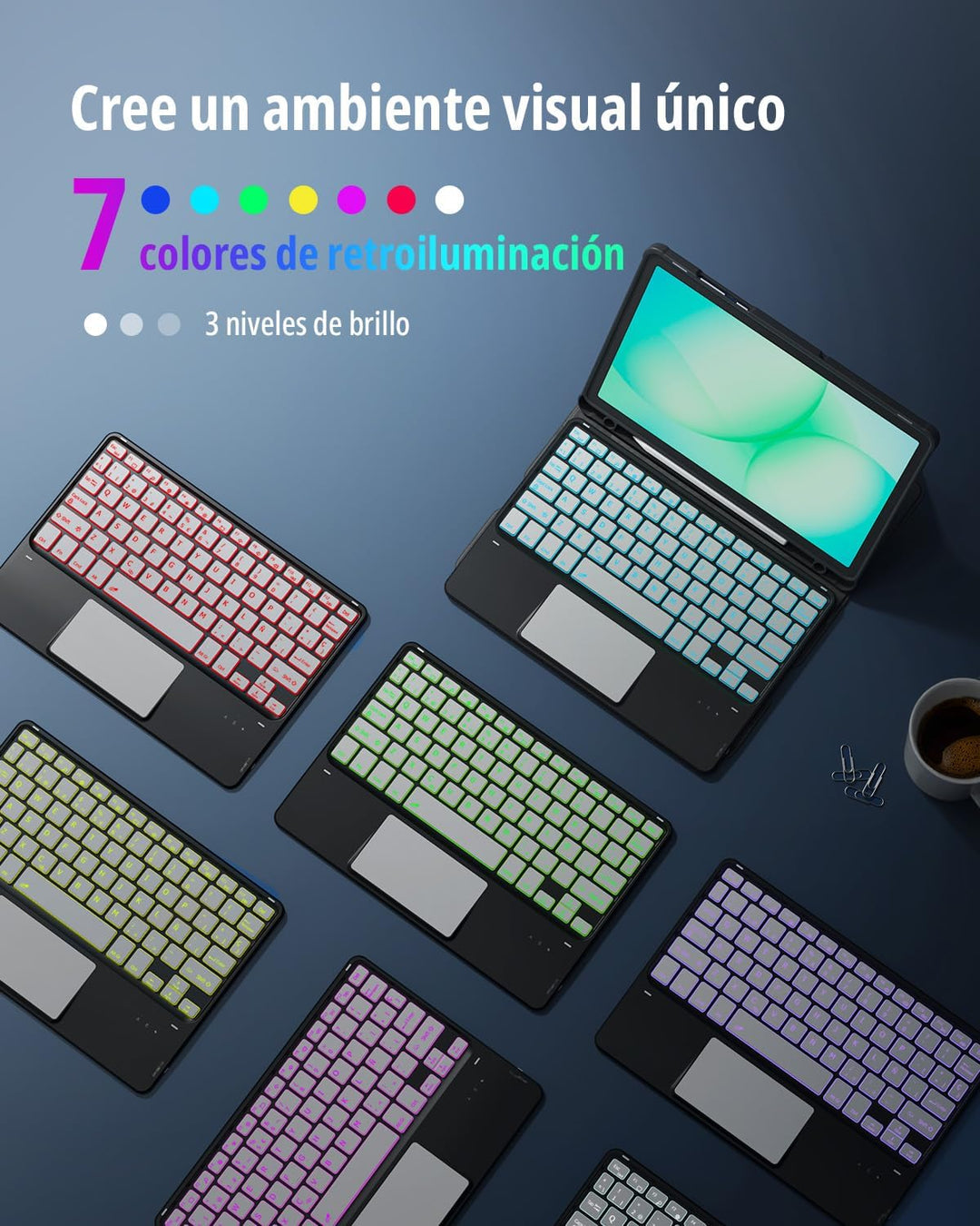 CACOE Drehbare Hülle mit Tastatur für Samsung Galaxy Tab A9 Plus 11 Zoll mit Touchpad, 7-Farbige Bel