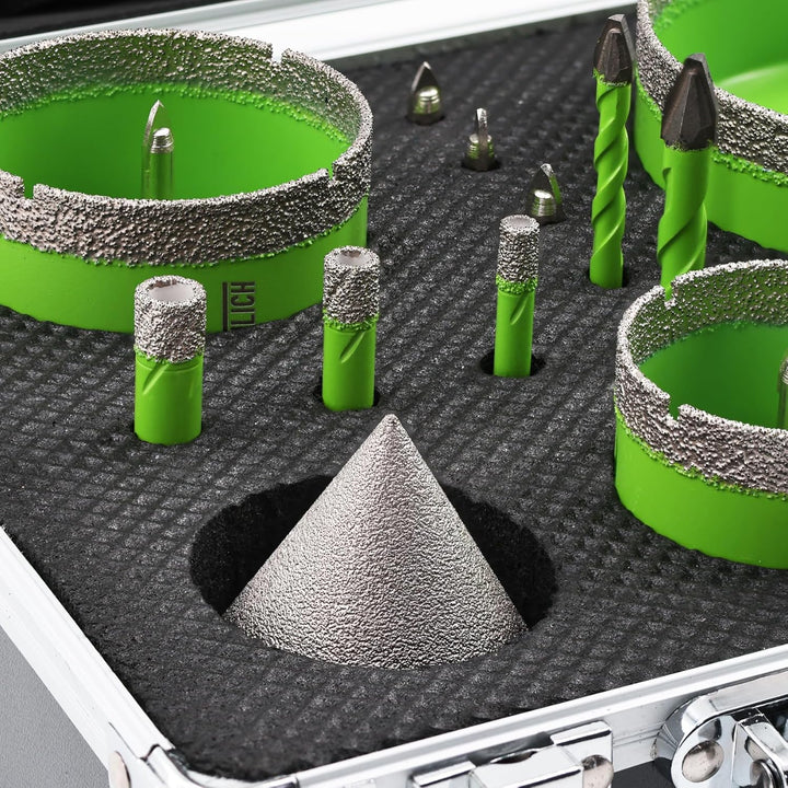 Diamant Fliesenbohrer Set – Diamantbohrer Lochsge 6/8/10/25/35/50/65/100mm mit Fingerbohrer und Fase