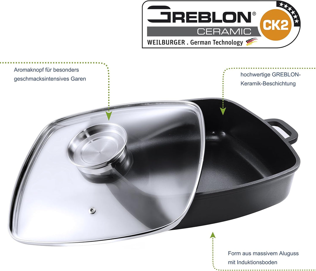 Kopf Bräter Santorin (Aluguss, 3,8 Liter, inkl. Glasdeckel mit Aromaknopf, Induktion) schwarz, 3,8 L