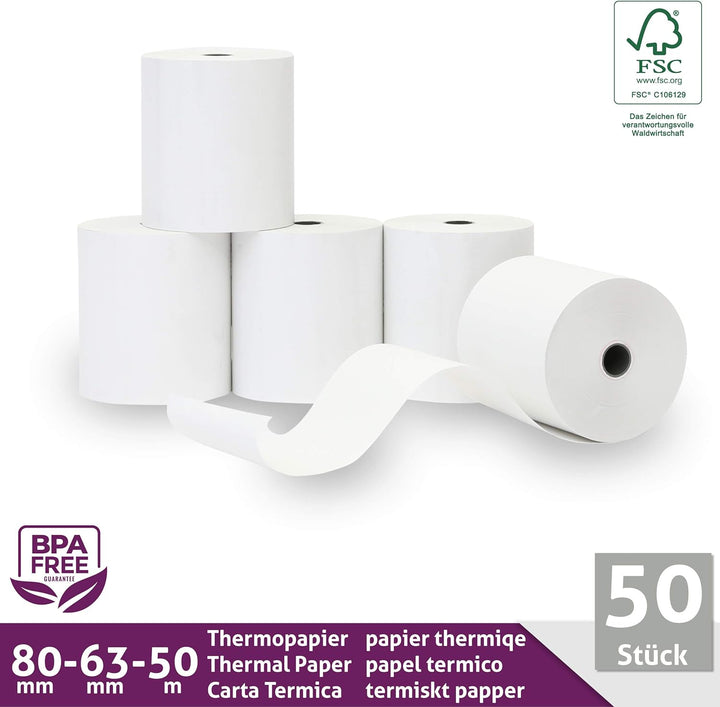 Thermorollen/Bonrollen/Kassenrollen 80mm x 50m x 12mm (80x63x12) für alle gängigen Thermopapier Kass