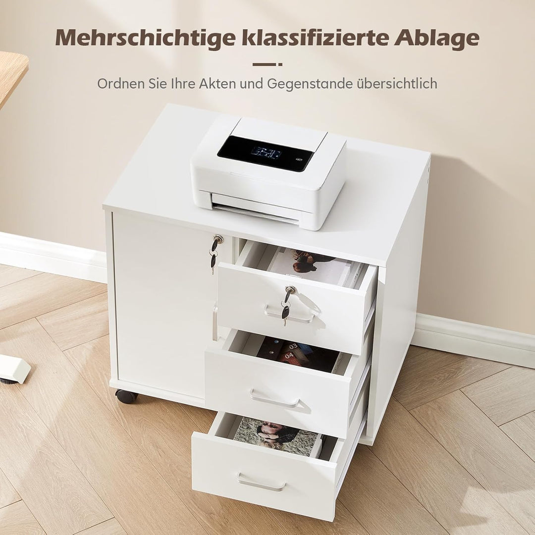 TUKAILAI Rollcontainer Aktenschrank aus Holz, Abschliessbar Büroschrank mit 3 Schubladen und Tür, Mo