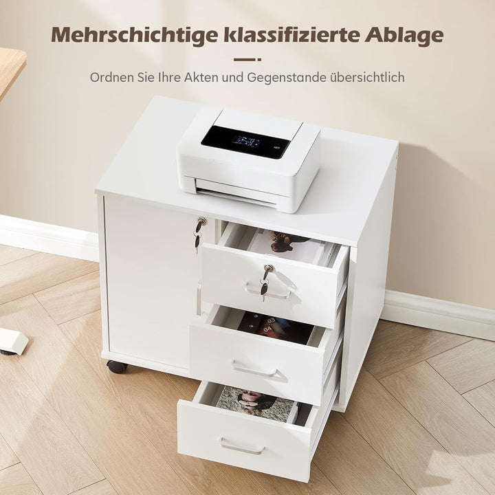 TUKAILAI Rollcontainer Aktenschrank aus Holz, Abschliessbar Büroschrank mit 3 Schubladen und Tür, Mo