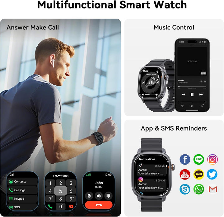 KOSPET Smartwatch Herren, 1,96" AMOLED, Anrufannahme, Gesundheitscheck per Fingertipp, Schlaftracker