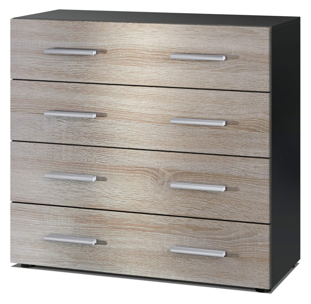Vladon Sideboard Pavos, Kommode mit 4 Schubladen, Schwarz matt/Eiche sägerau (76 x 72 x 35 cm) L76cm