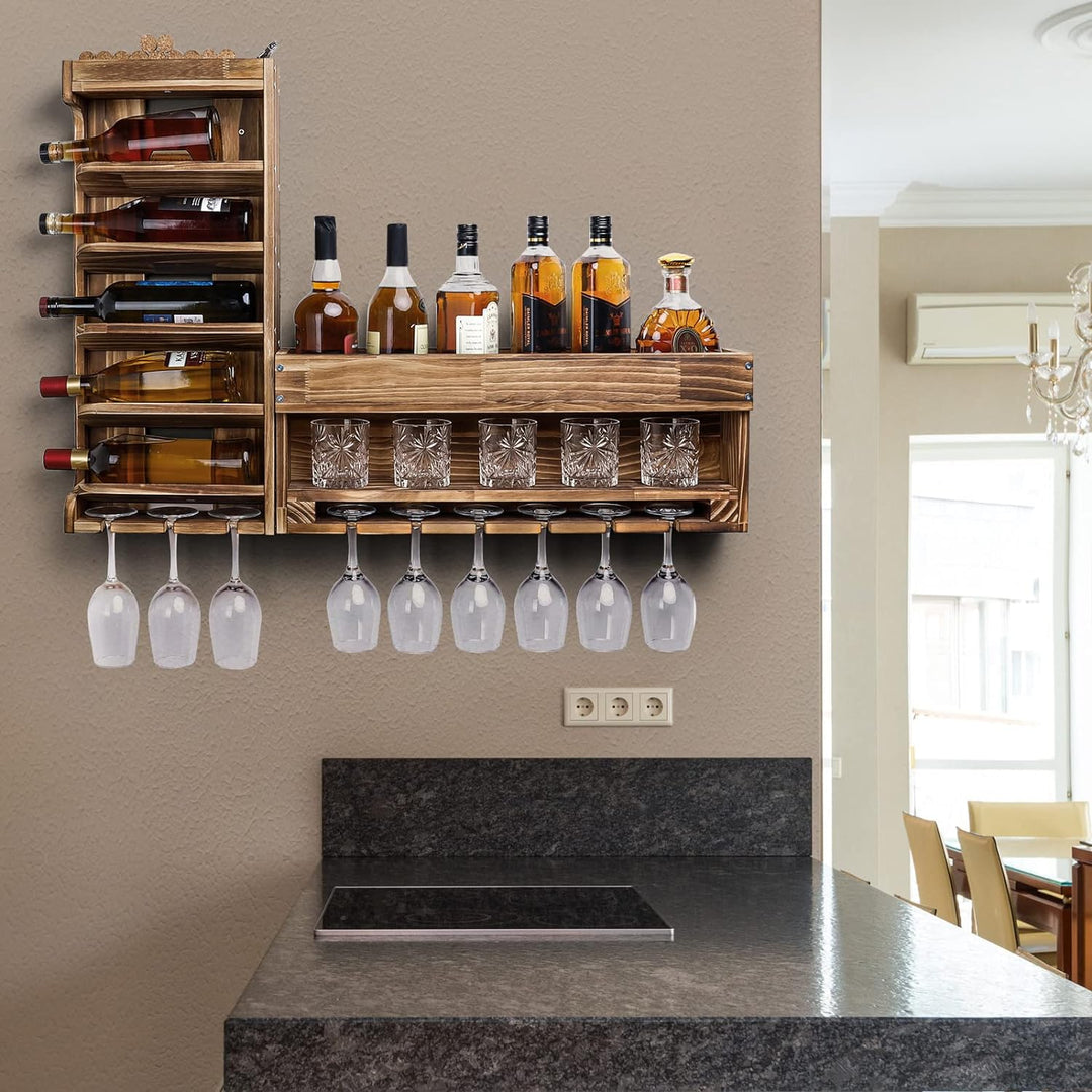 Yorbay Weinregal Palette Beflammt Holz, Wandbar mit Korkhalter, für Weingläser,Whiskygläser,Flaschen