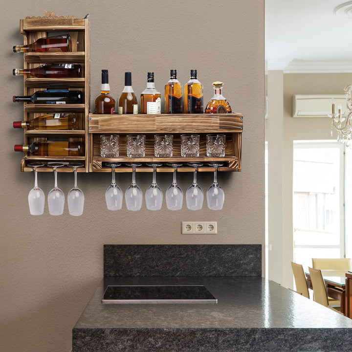 Yorbay Weinregal Palette Beflammt Holz, Wandbar mit Korkhalter, für Weingläser,Whiskygläser,Flaschen