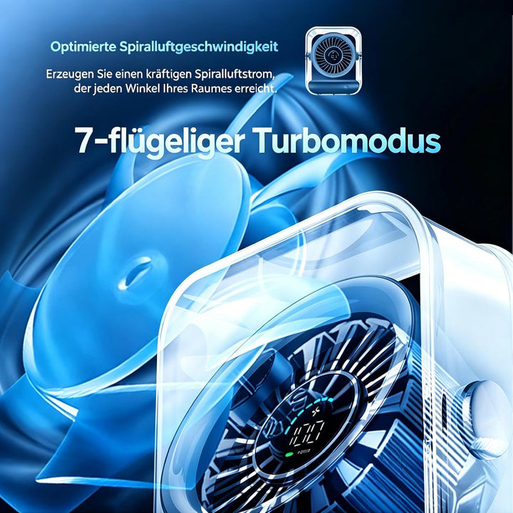 Kleiner Tischventilator, ultraleise, 100 Geschwindigkeitsstufen | Digitalanzeige, 3000-mAh-Akku, Tur
