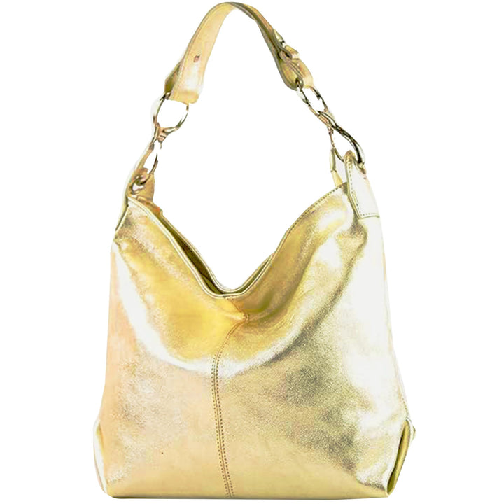 modamoda de - T168 - ital Schultertasche Umhängetasche aus Leder Lightgold Metallic, Lightgold Metal