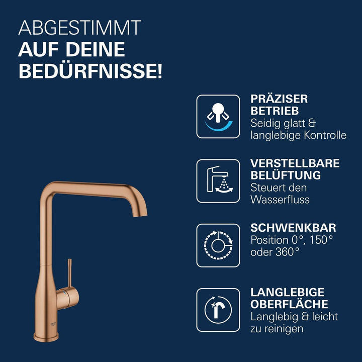 GROHE Essence New - Einhand-Spültischbatterie (hoher Auslauf, Schwenkbereich wählbar 0°/150°/360°, f