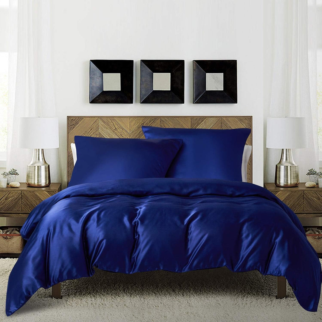 Boqingzhu Bettwäsche Satin 200×220cm Marine Blau Uni Glatt Glanzsatin Seide Luxus Bettwäsche Set Bet