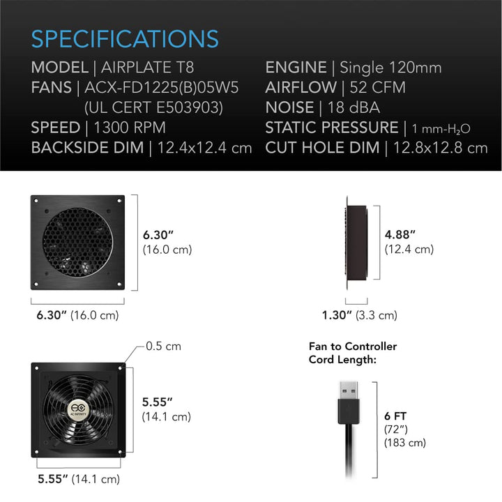 AC Infinity AIRPLATE T8, leises abkühlendes Doppelventilator-System 6" (16 cm) mit Thermostatsteueru