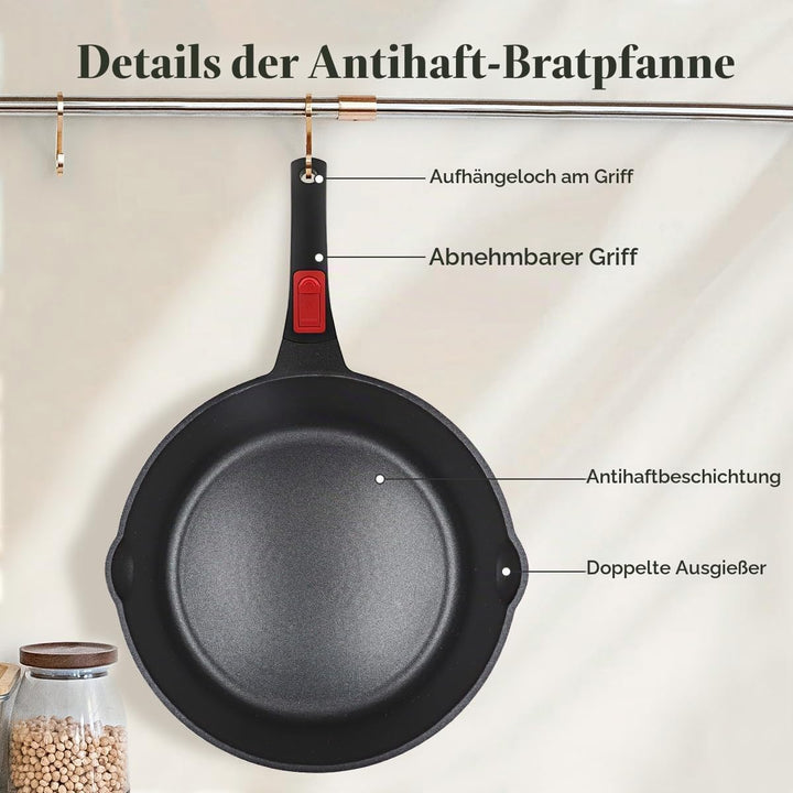 Pfanne 20cm mit Deckel, Aluminium Bratpfanne Hoher Rand mit Abnehmbarer Griff, für alle Herde|Anti-K