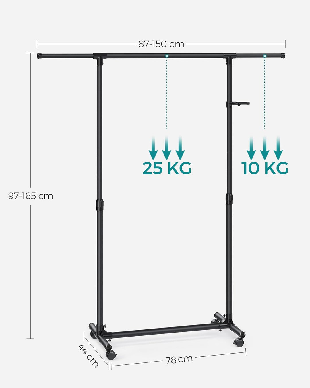 SONGMICS Kleiderständer auf Rollen, Kleiderstange, höhenverstellbar zwischen 97 und 165 cm, ausziehb
