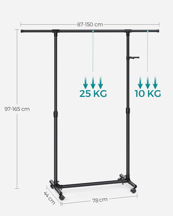 SONGMICS Kleiderständer auf Rollen, Kleiderstange, höhenverstellbar zwischen 97 und 165 cm, ausziehb
