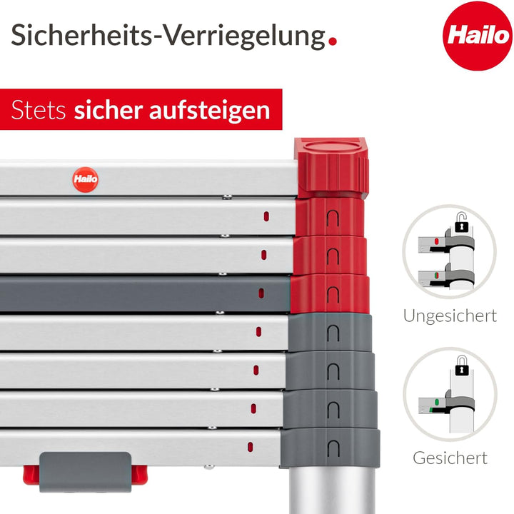 Hailo T100 FlexLine Sicherheits-Teleskopleiter - ausziehbare Leiter aus Aluminium mit bis zu 11 Stuf