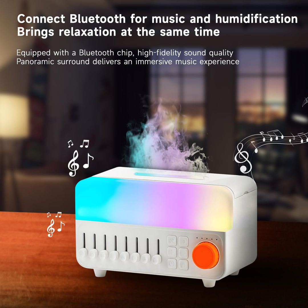 QUMOX Luftbefeuchter mit weissem Rauschen A14 mit Flammenlicht, Bluetooth-Lautsprecher und 150 ml Ta