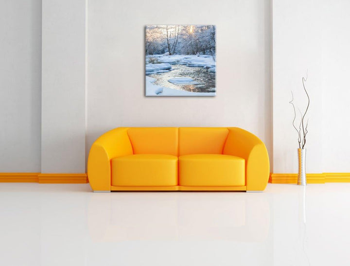 Bach in Winterlandschaft, Format: 70x70 auf Leinwand, XXL riesige Bilder fertig gerahmt mit Keilrahm