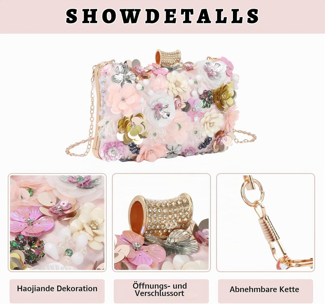 Fecialy Blumen-Clutch-Abendtaschen für Damen mit bunten Blumen-Metall-Strasssteinen Abend-Clutch-Gel