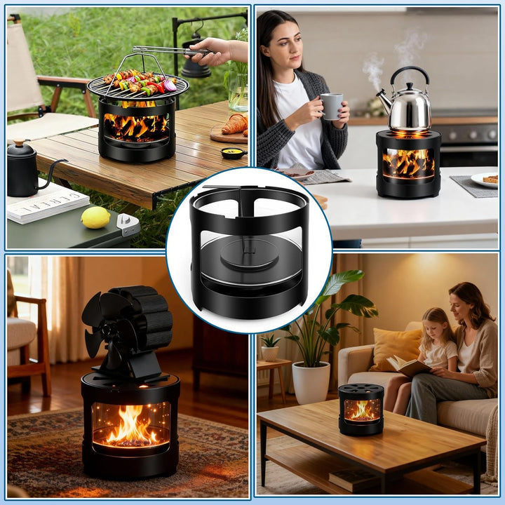 Edelstahl Feuerstelle mit Glaswindschutz, Feuerschale - Feuerkorb Indoor & Outdoor, Anwendbar Holz &
