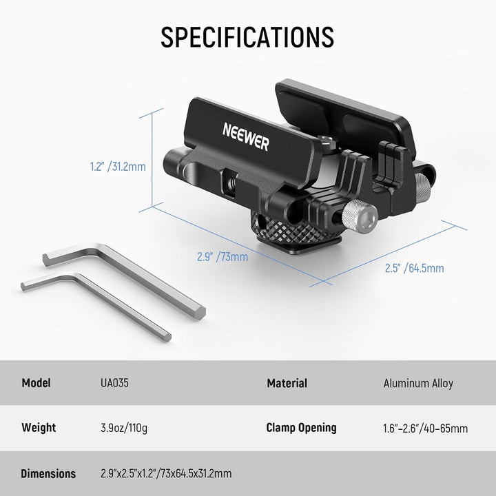 NEEWER Halterung SSD Halterung Aluminium, mit Cold Shoe, Kabelklemme, 1,6"-2,6"/40mm-65mm, kompatibe
