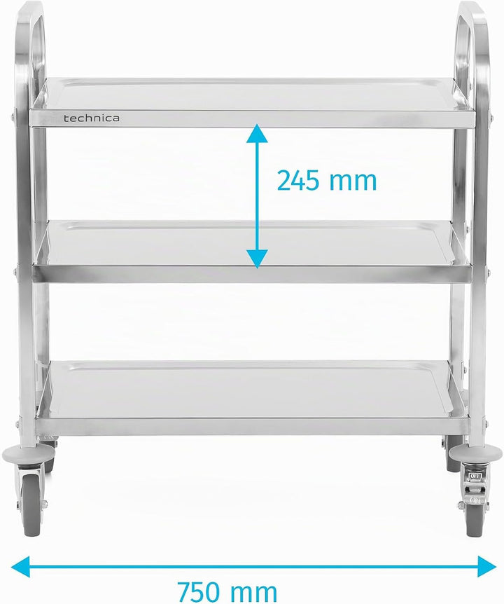 TECHNICA Servierwagen Edelstahl 3 Etagen mit Rollen &amp; Bremse Quadratischer Griff 750x400x835mm Rollw