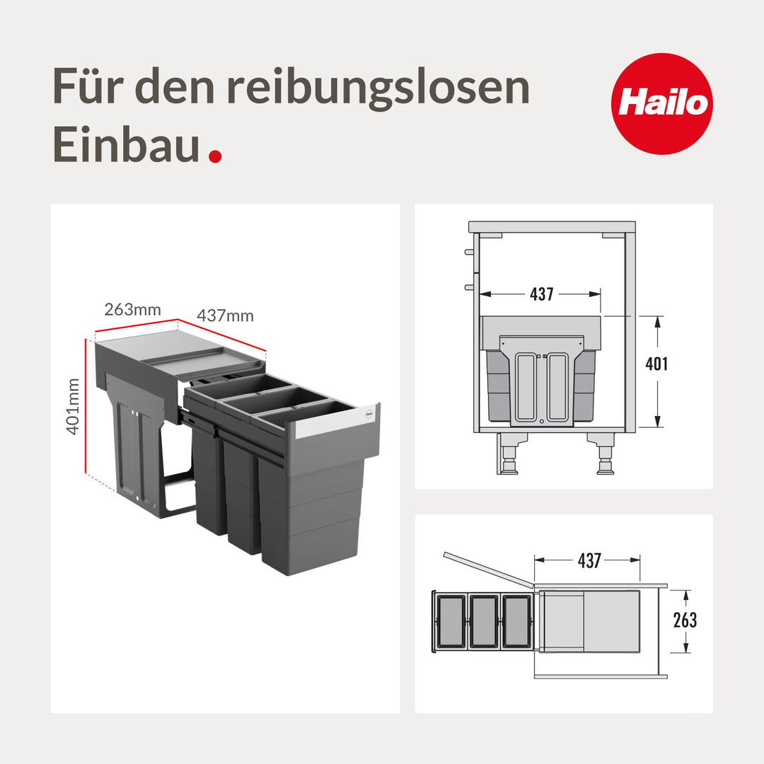 Hailo Abfallsammler 3666921 | Terzett 3x 8 Liter | für Unterschränke ab 40 cm | Teleskopauszug per H