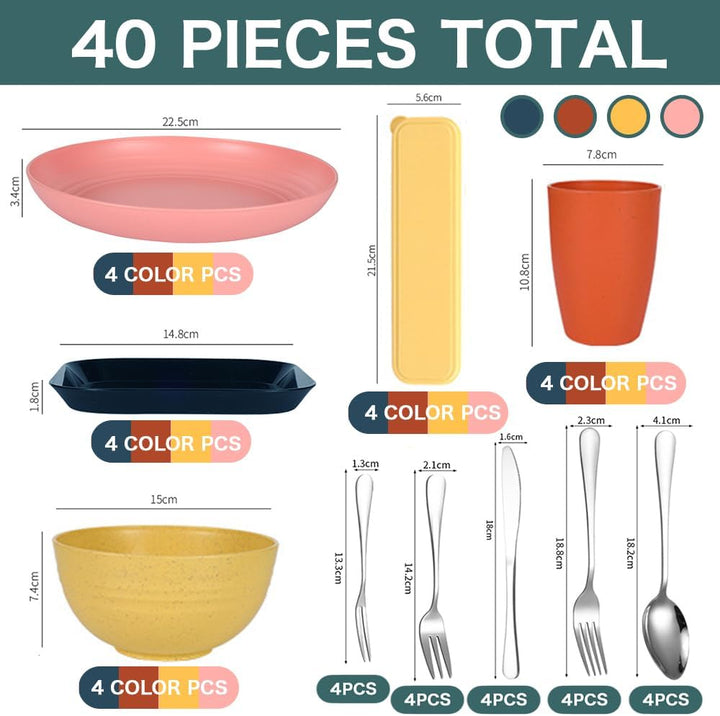 Camping Geschirr Set,Plastikgeschirr mit Edelstahl Campingbesteck,Unzerbrechliches Geschirr Set,Leic