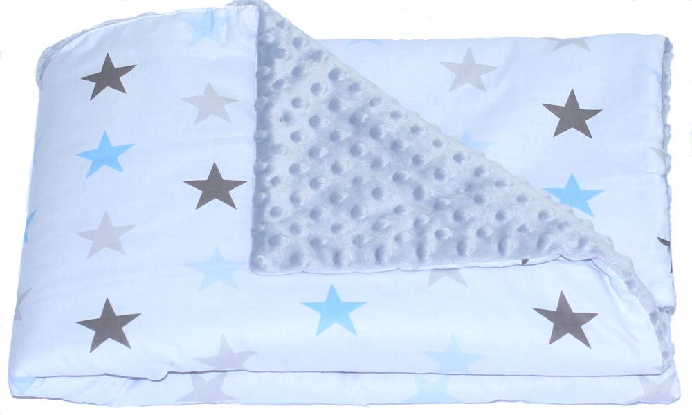 Baby Einschlagdecke MINKY - STAR - mit Kapuze 90x90 cm Babyschale Decke (Star BLAU + GRAU), Star Bla