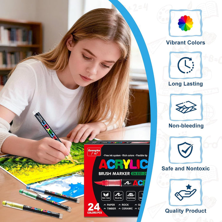 24 Farben Acrylstifte Marker Set für Stoff, Leinwand, Glas, Holz und Papier, 24