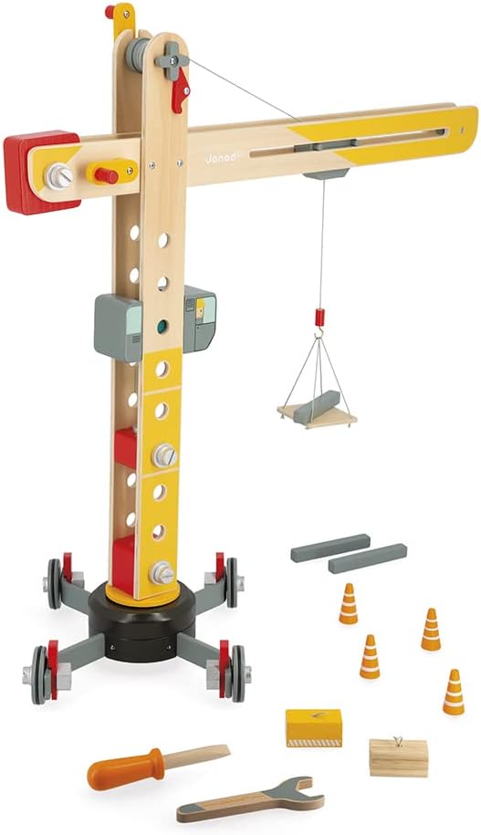 Janod - Grosser Holzkran 74 cm - Rollenspielzeug - Konstruktionsspiel - 360° Drehbar und Mobil - 12
