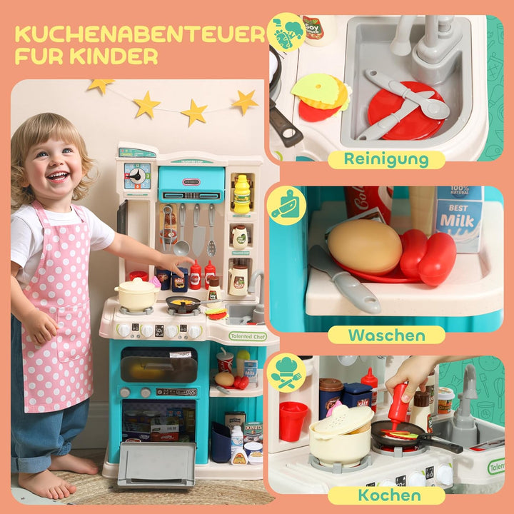 AIYAPLAY Kinderküche Spielküche mit Ofen Spüle Licht-und Soundfunktion und Zubehör Spielzeugküche Pu