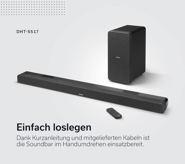 Denon DHT-S517 3.1.2 Dolby Atmos Soundbar System Mit Kabellosem Subwoofer, HDMI EARC Und Bluetooth,