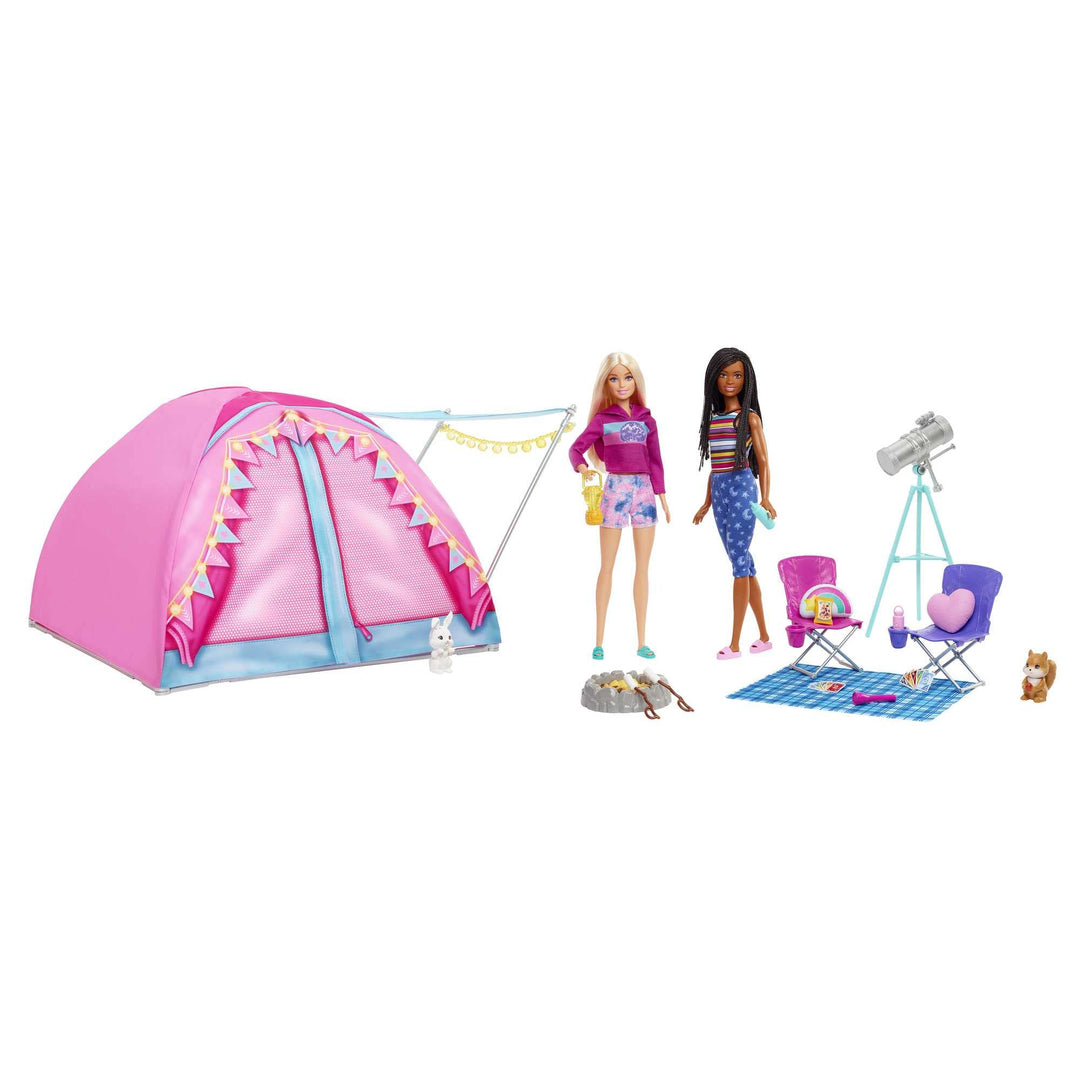 Barbie HGC18 - Barbie „Abenteuer zu zweit“ Camping-Spielset mit Zelt, 2 Barbie-Puppen und 20 Zubehör