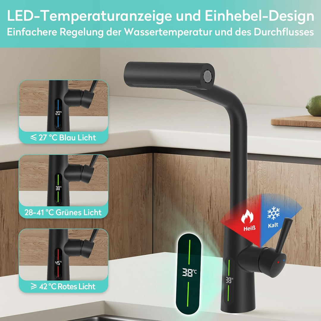 KAIYING Wasserhahn Küche Ausziehbar mit Temperaturanzeige (Batterielos), Hochdruck Wasserfall Küchen