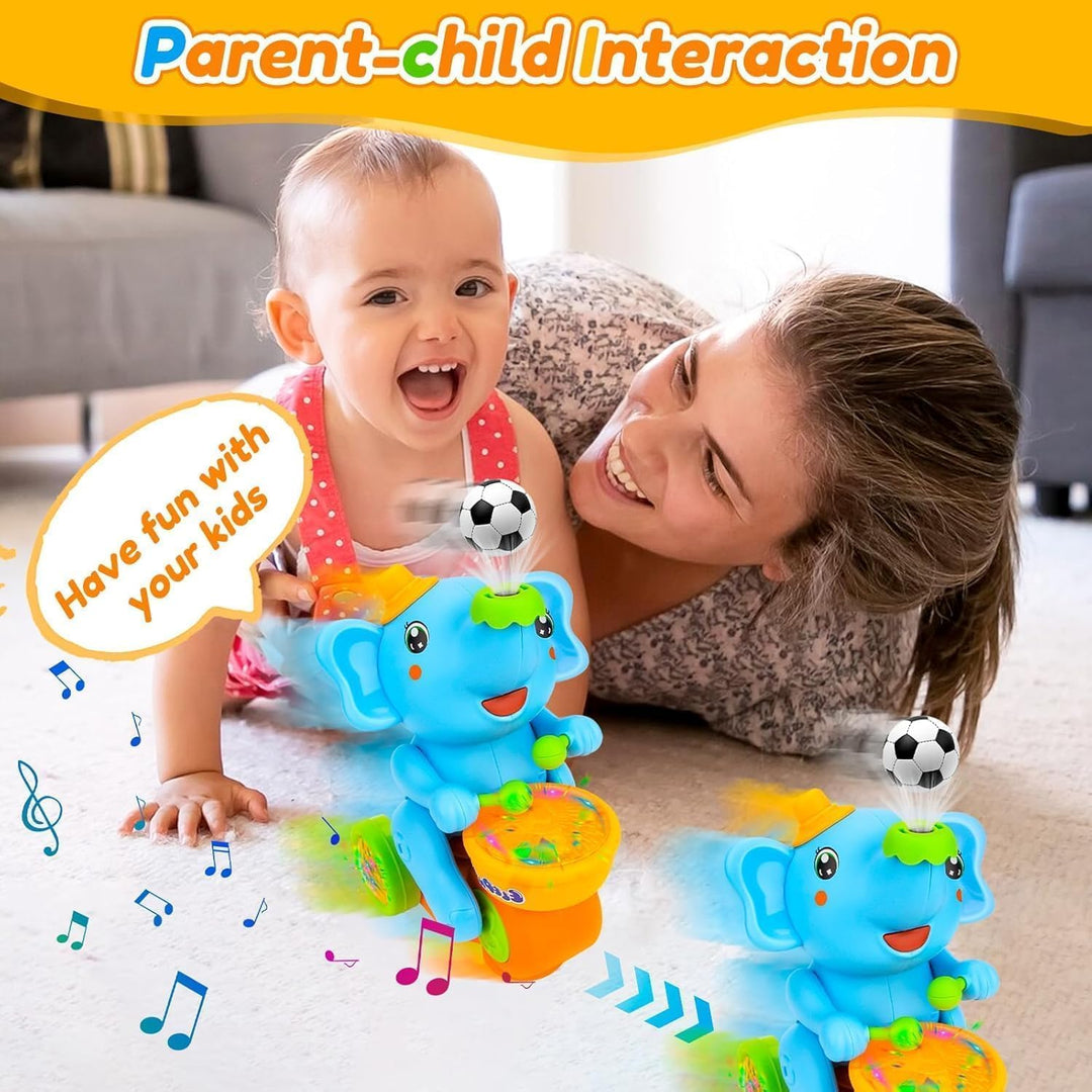 Musikalisches Elefantenspielzeug zum Laufen mit Trommeln und LED-Lichtern, interaktives Babyspielzeu