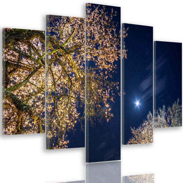 Feeby Wanddeko XXL Landschaft Leinwandbild 5 Teilig Bäume Himmel Mond blau 250x120 cm Leinwandbild 2