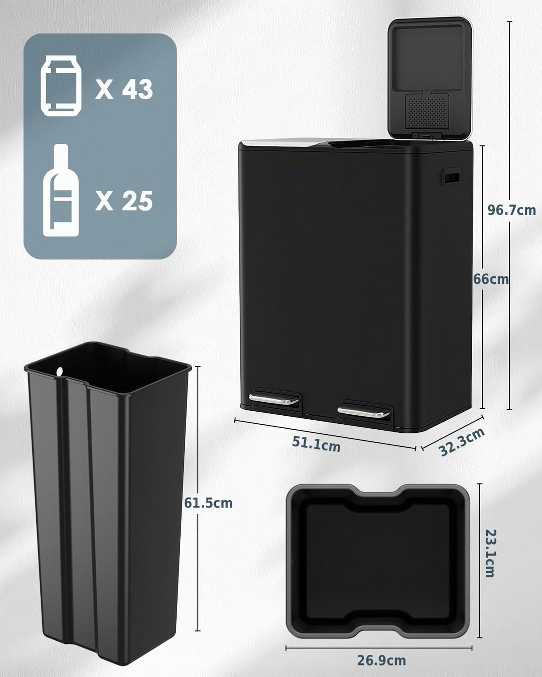 LIFERUN Mülleimer 2 Fächer, 2 x 30 Liter Treteimer mit Geruchsfilter, Deckel Geräuschlos, Inneneimer
