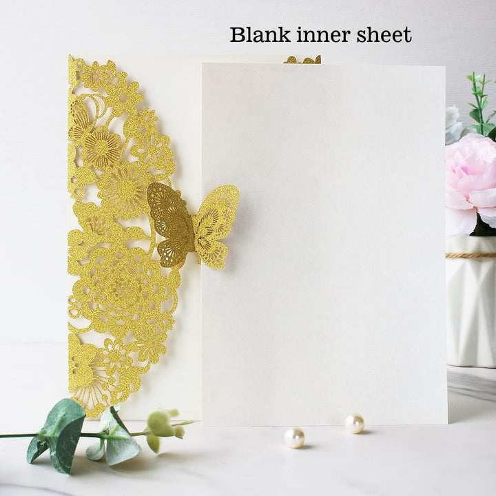 Hosmsua 20x Golden Glitzer Laserschnitt Spitze Flora Hochzeit Einladungskarten mit Schmetterling und