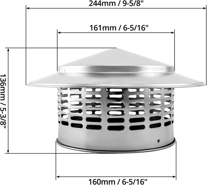 QWORK® 160 MM Regenhaube aus Edelstahl 304, Kaminhaube, Runder Regenhut, Schornsteinabdeckung Ø160,